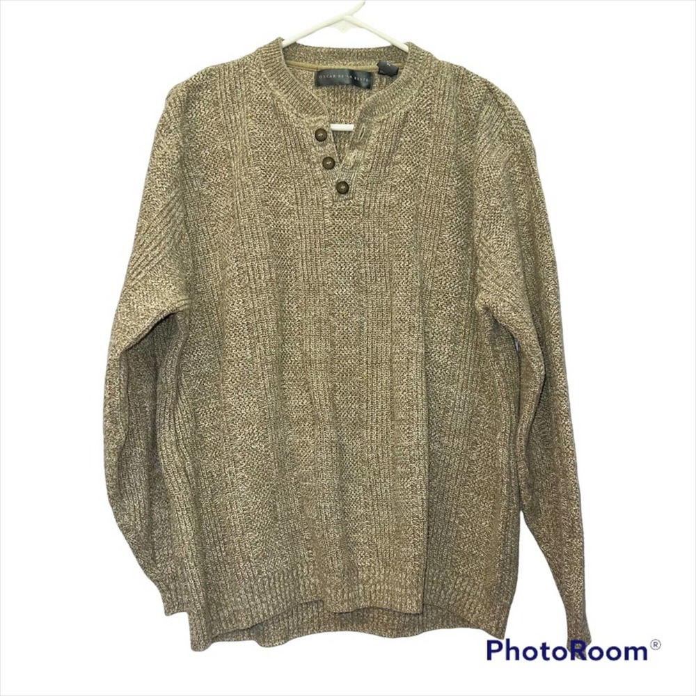Vintage Oscar De La Renta Chunky Knit Henley Sweater Oversized Tan Button XL